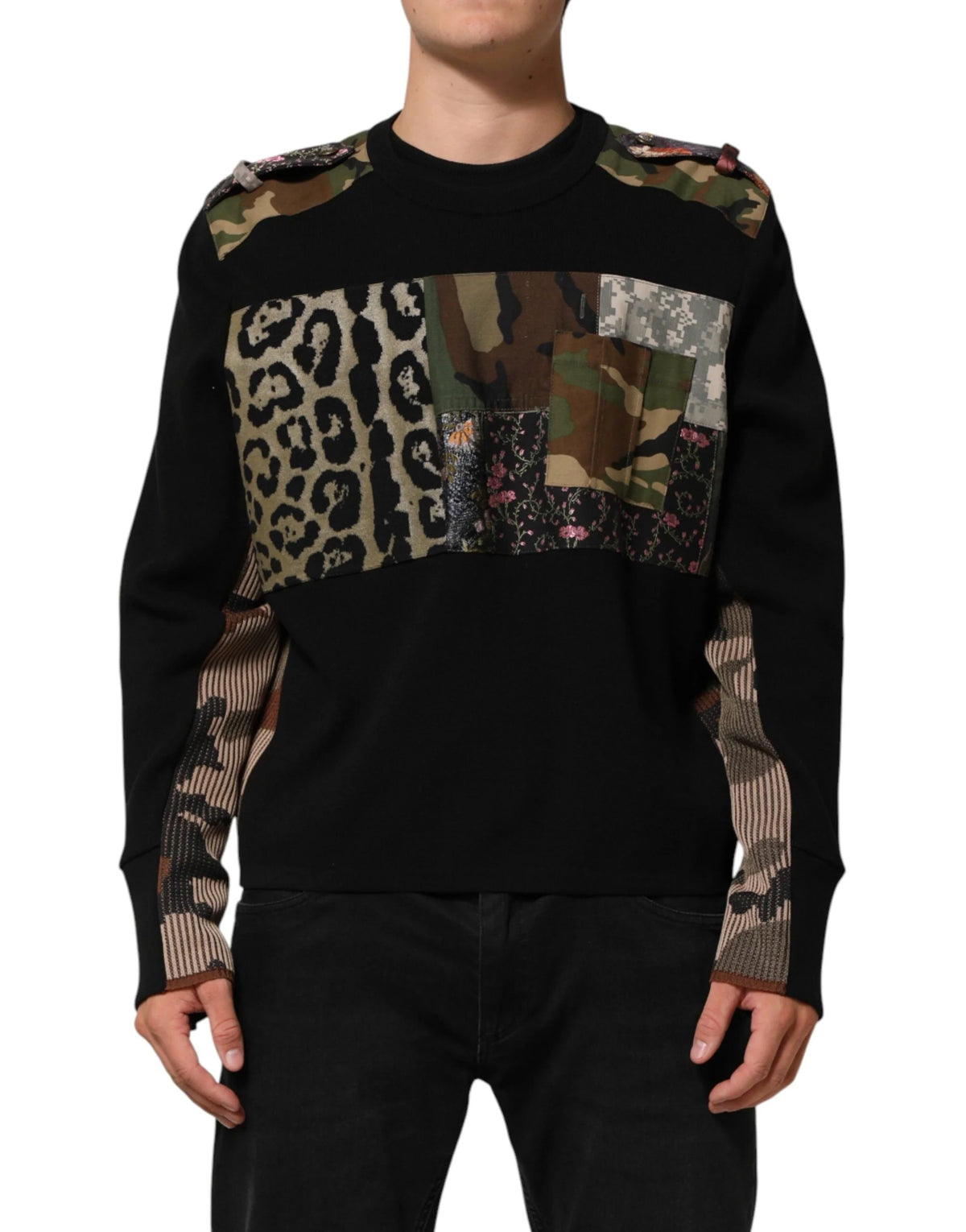 Dolce & Gabbana Black Patchwork Crew Neck Pullover Sweater - IT48 | M - Sweaters