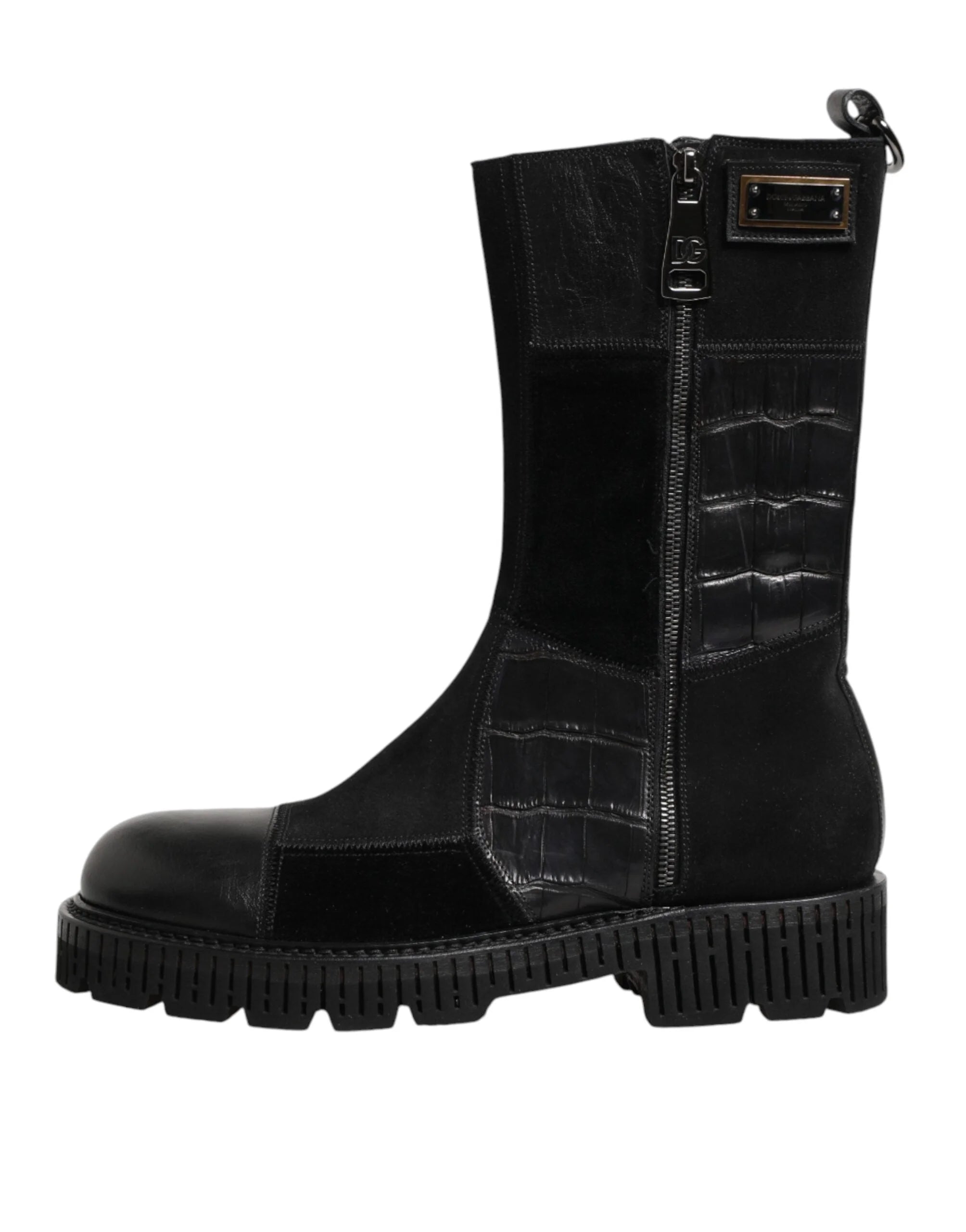Dolce & Gabbana Black Patchwork Leather Mid Calf Boot Shoes