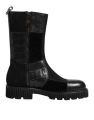 Dolce & Gabbana Black Patchwork Leather Mid Calf Boot Shoes