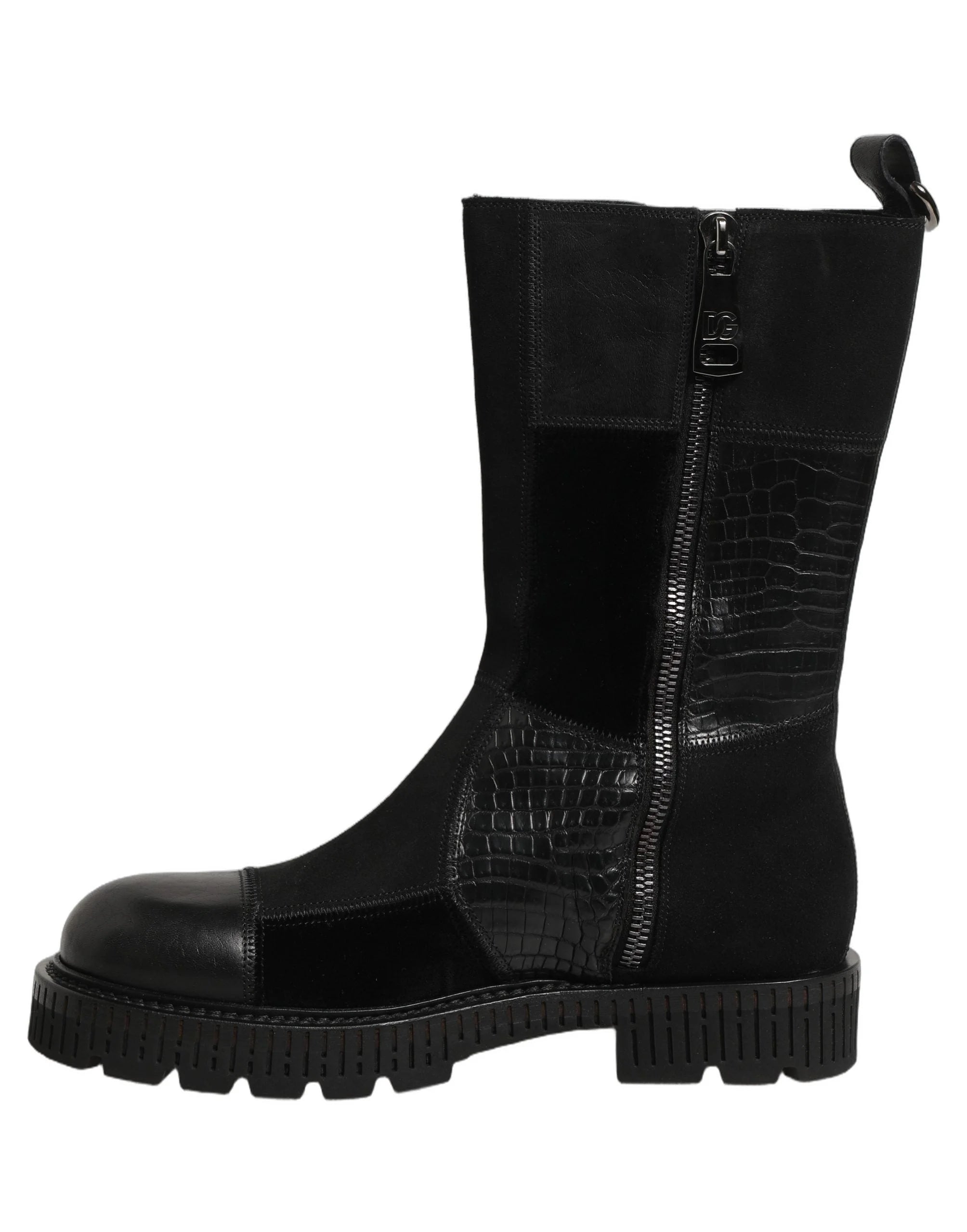 Dolce & Gabbana Black Patchwork Leather Mid Calf Boots Shoes