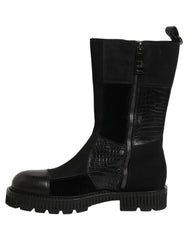 Dolce & Gabbana Black Patchwork Leather Mid Calf Boots Shoes