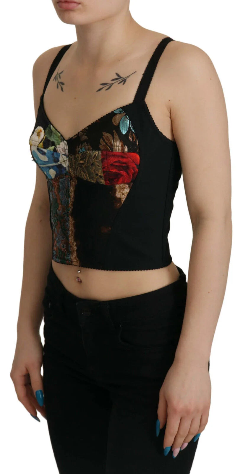 Dolce & Gabbana Black Patchwork Sicily Blouse Corset Cropped Top - IT36 | XS - Blouses