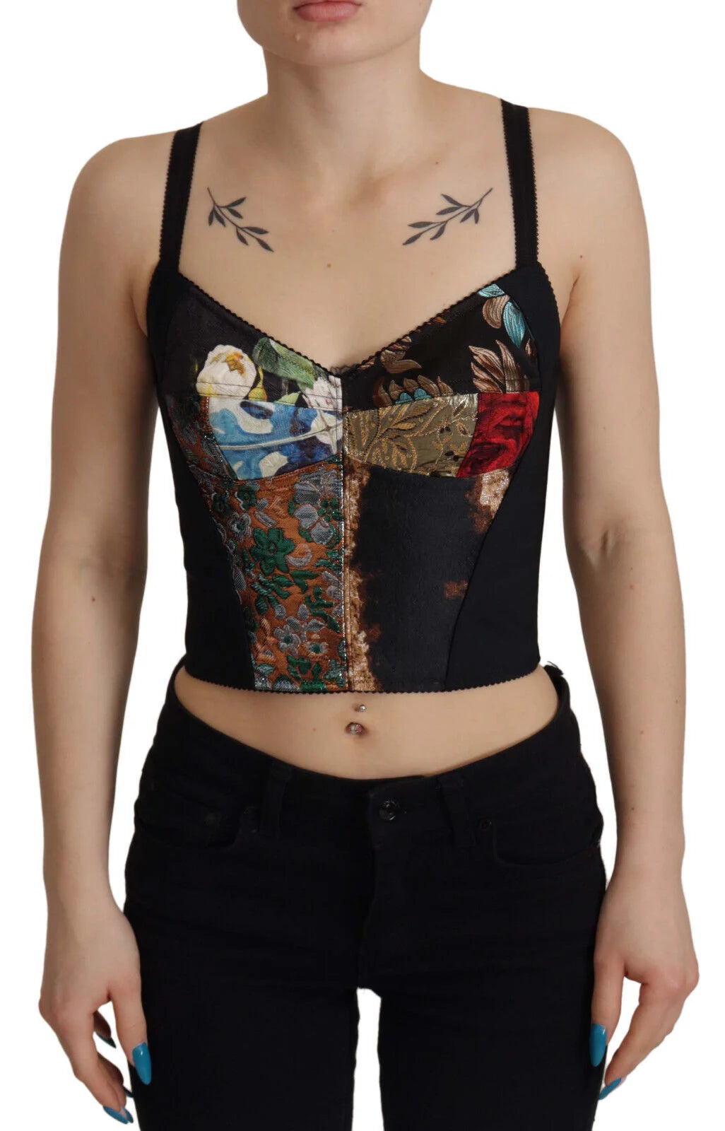 Dolce & Gabbana Black Patchwork Sicily Blouse Corset Cropped Top - IT36 | XS - Blouses