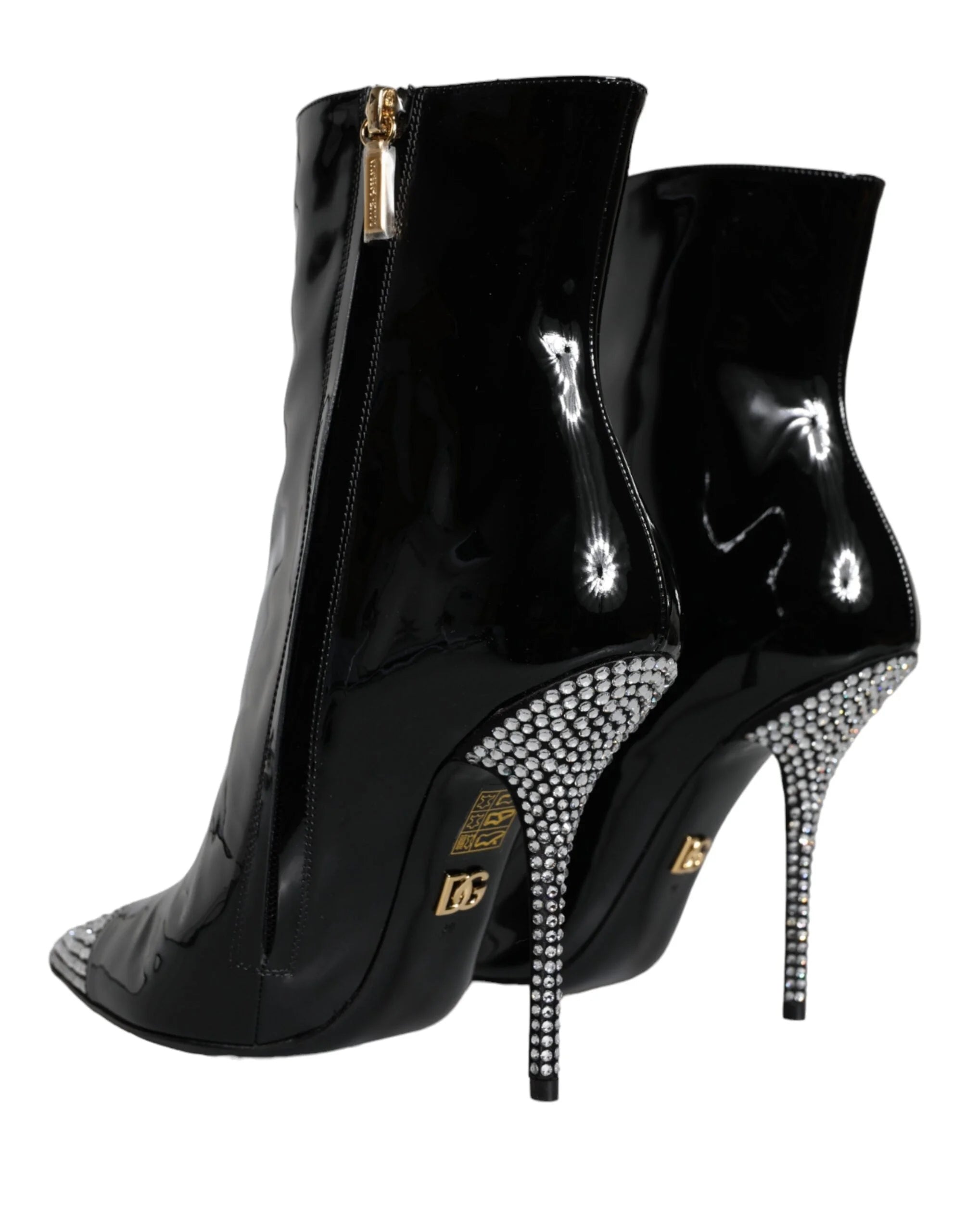 Dolce & Gabbana Black Patent Leather Crystal Heel Boots Shoes - EU39/US8.5 - Boots