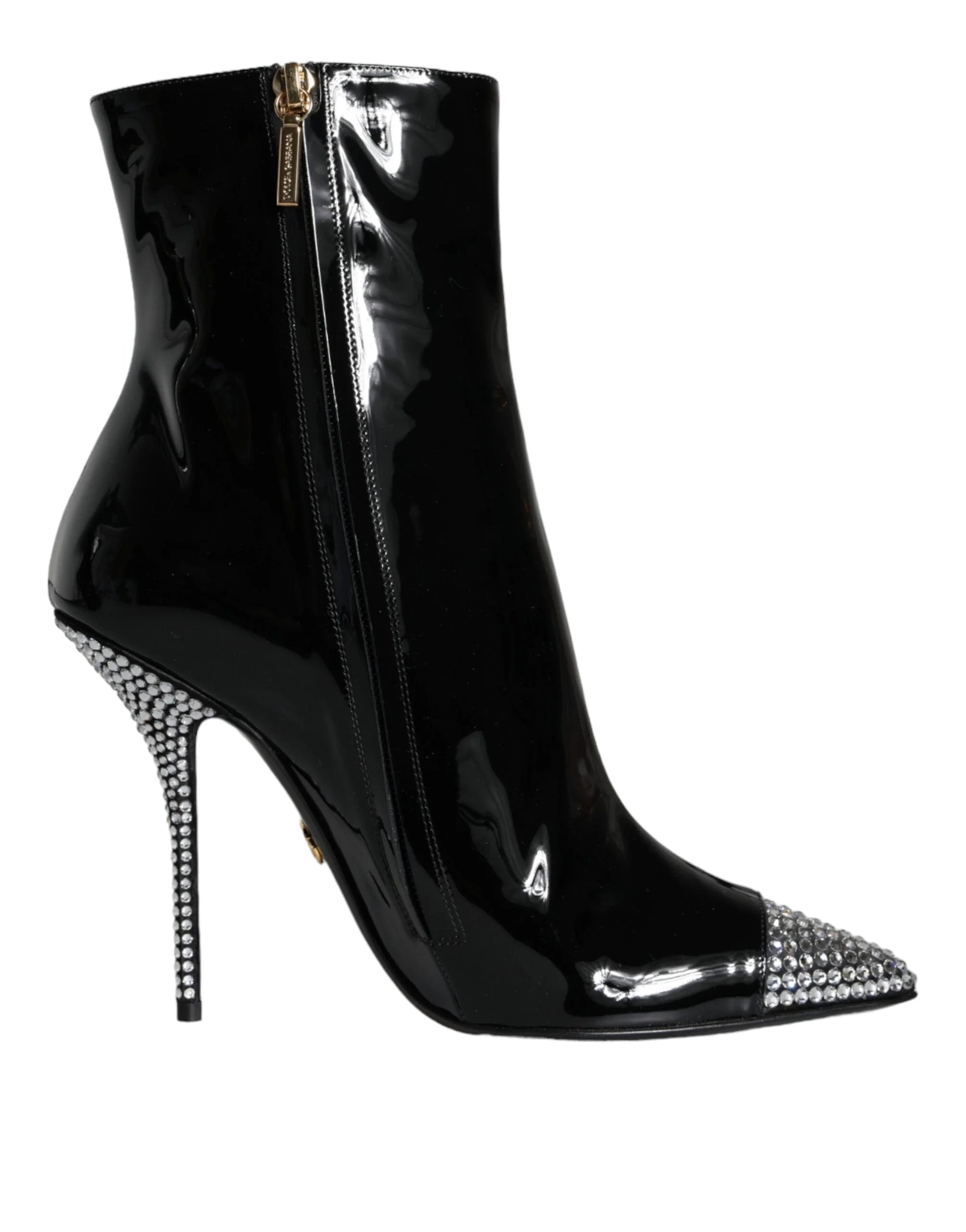 Dolce & Gabbana Black Patent Leather Crystal Heel Boots Shoes - EU39/US8.5 - Boots