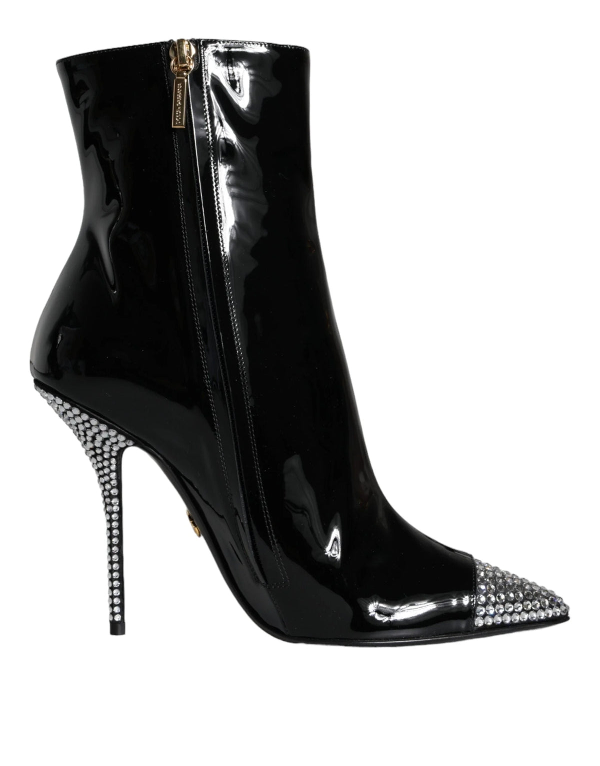 Dolce & Gabbana Black Patent Leather Crystal Heel Boots Shoes - EU39/US8.5 - Boots