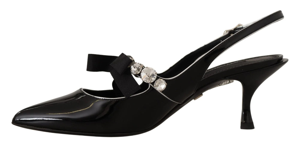 Dolce & Gabbana Black Patent Leather Crystal Slingbacks Shoes - EU37/US6.5 - Heels