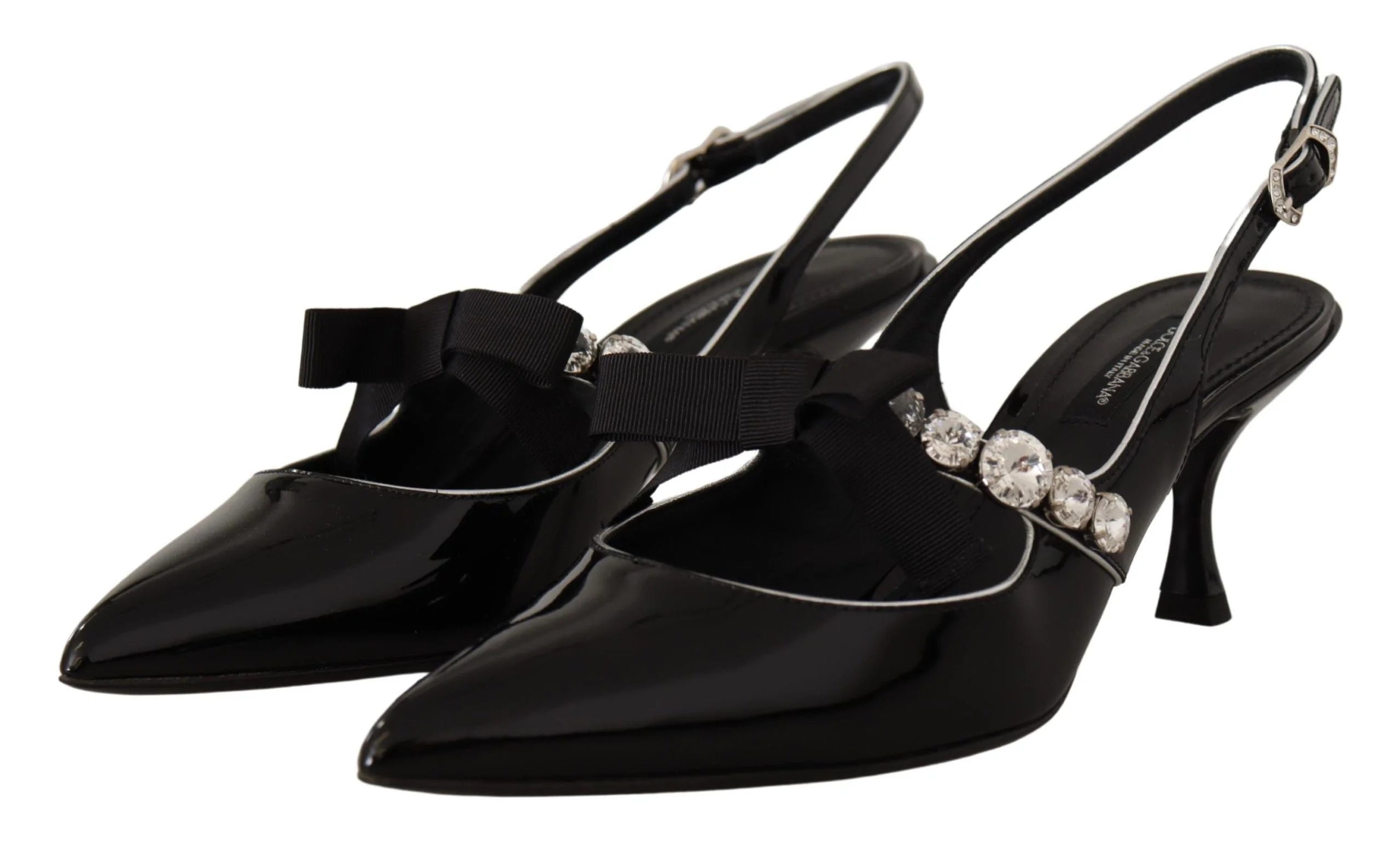 Dolce & Gabbana Black Patent Leather Crystal Slingbacks Shoes - EU37/US6.5 - Heels