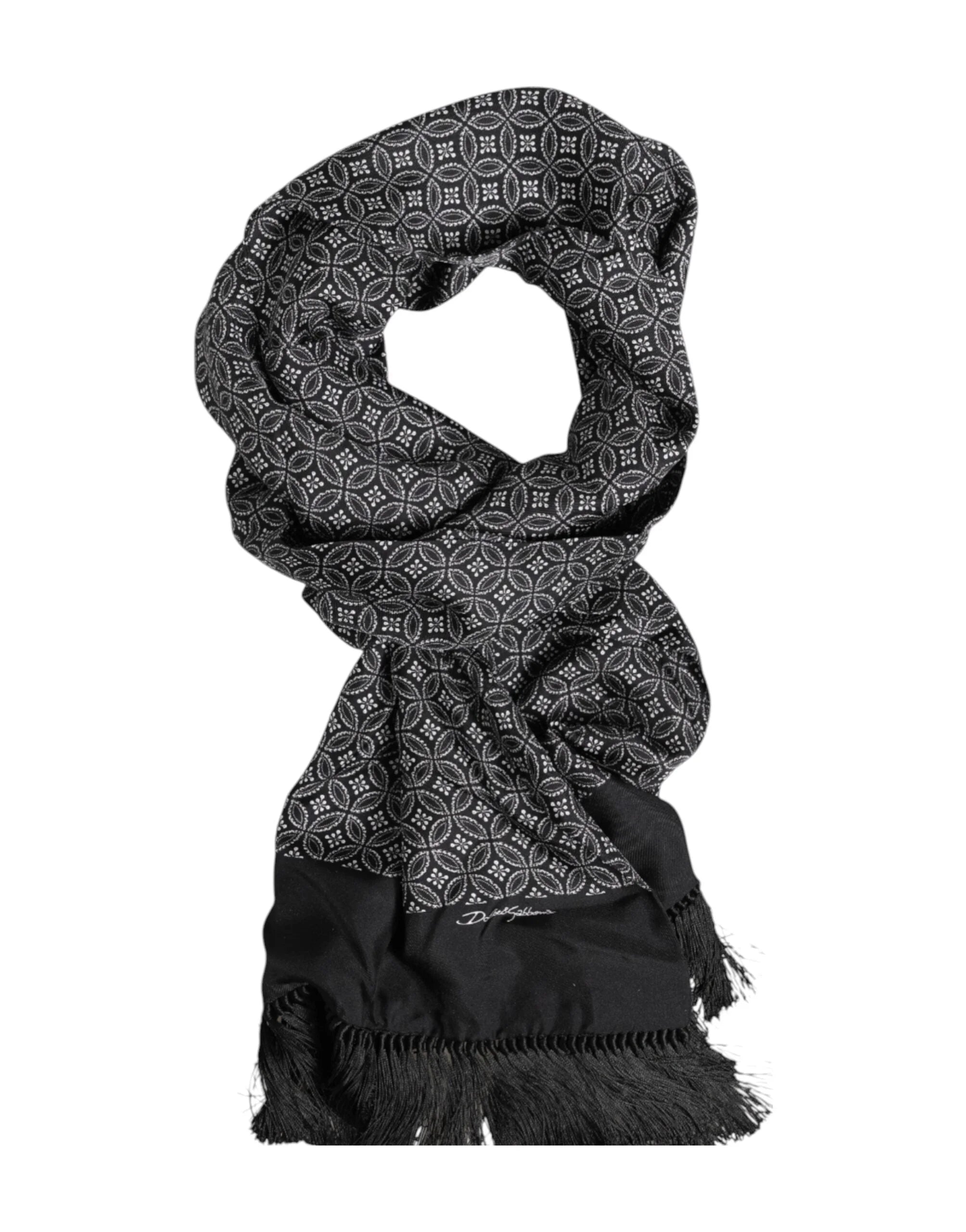 Dolce & Gabbana Black Patterned Fringes Men Foulard Scarf - Scarves & Shawls