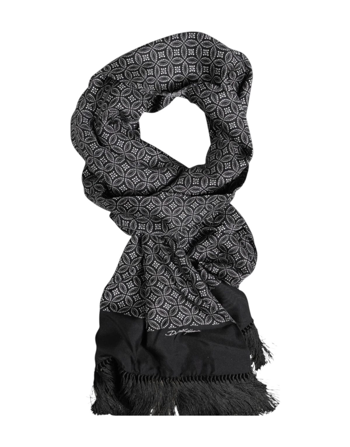 Dolce & Gabbana Black Patterned Fringes Men Foulard Scarf - Scarves & Shawls