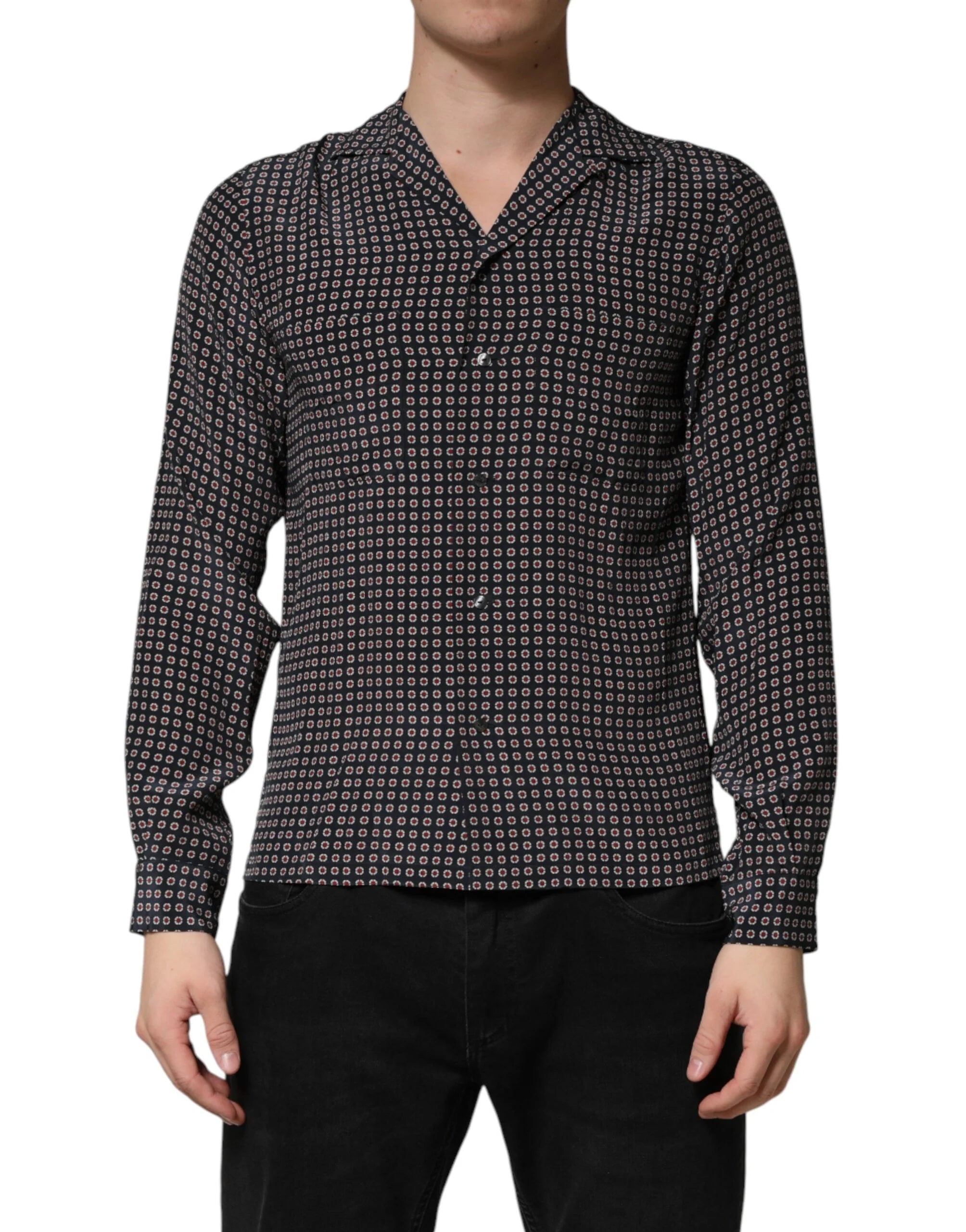 Dolce & Gabbana Black Patterned Silk Men Button Down Shirt