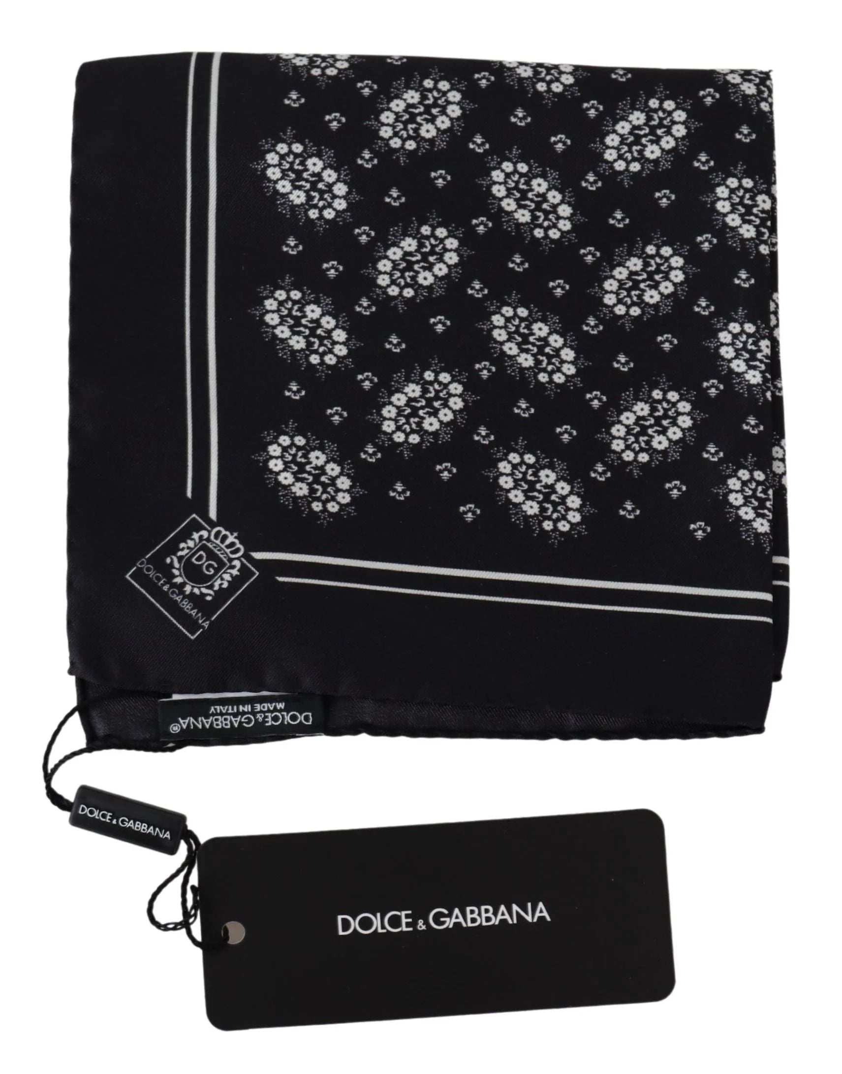 Dolce & Gabbana Black Patterned Square Scarf Silk Handkerchief - Handkerchiefs