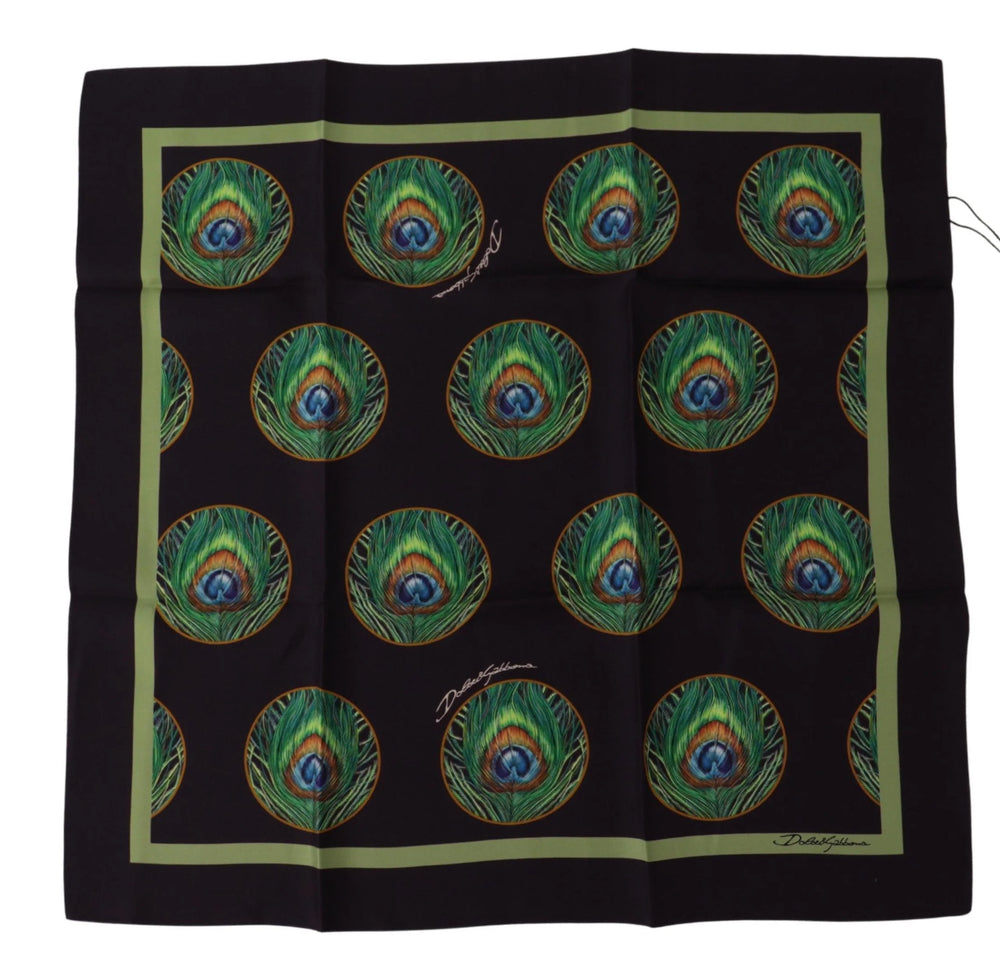 Dolce & Gabbana Black Peacock Feather DG Printed Square Handkerchief Scarf - Scarves & Shawls