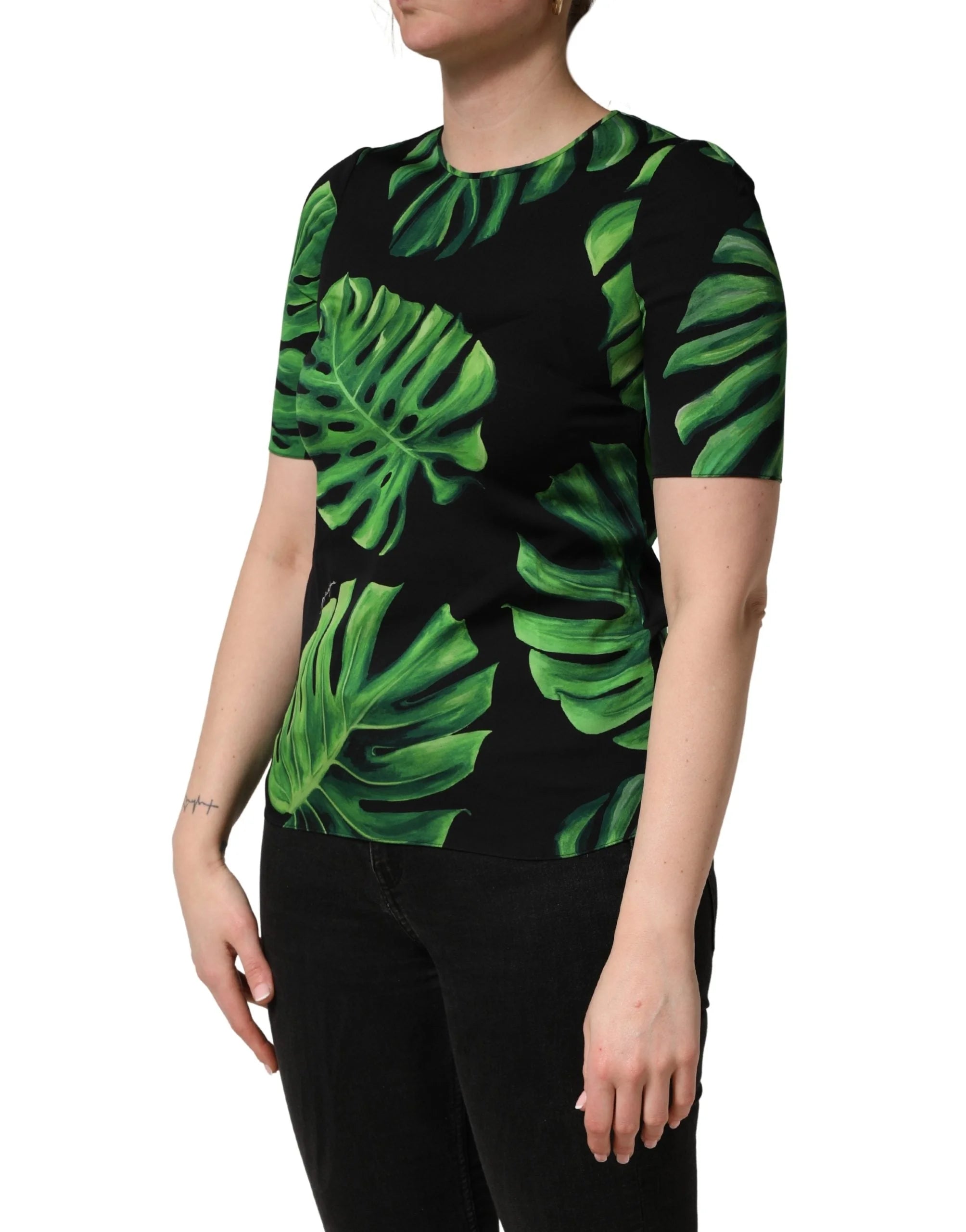 Dolce & Gabbana Cerný top s potiskem filodendronu, hedvábí