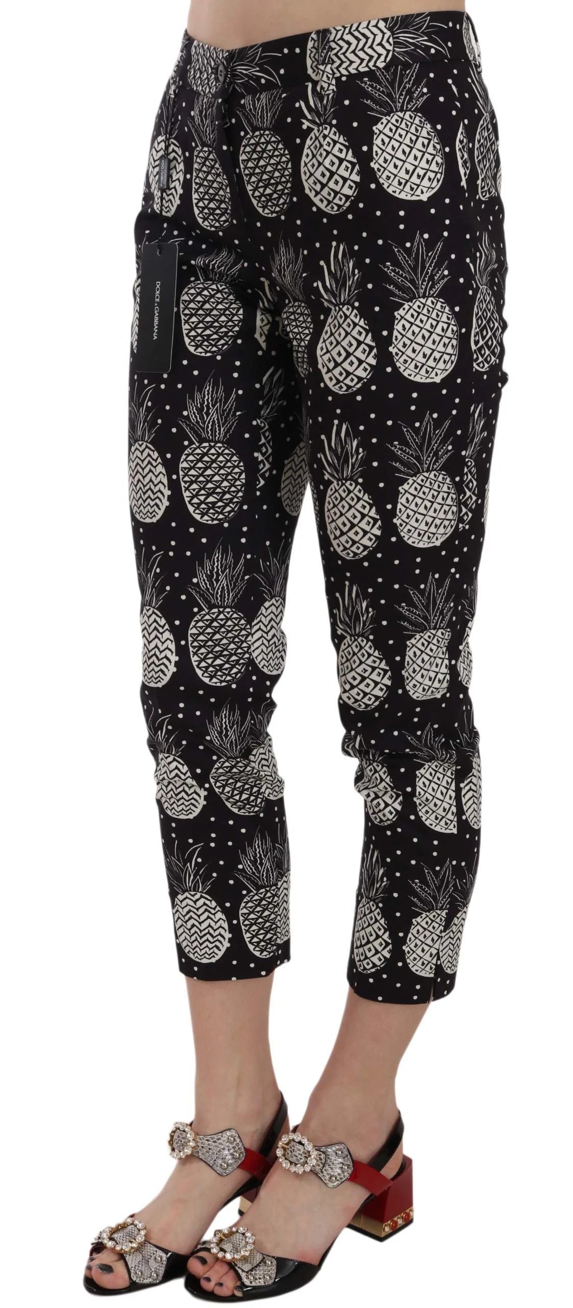 Dolce & Gabbana Black Pineapple Print Skinny Capri Pants - Trousers