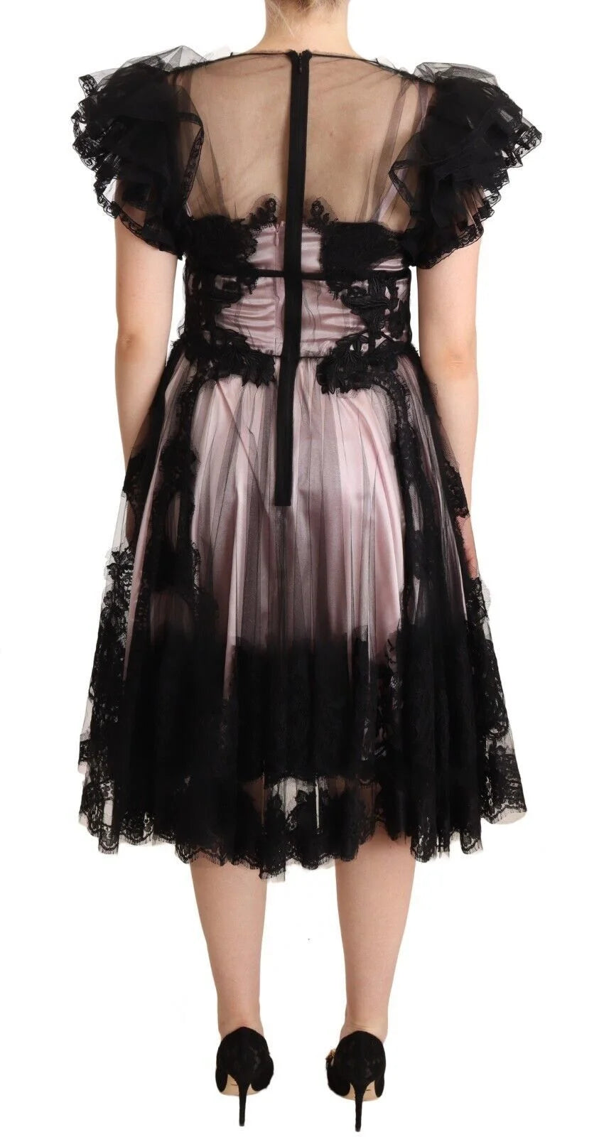 Dolce & Gabbana Black Pink Floral Lace A-line Midi Sheer Dress - IT44|L - Dresses