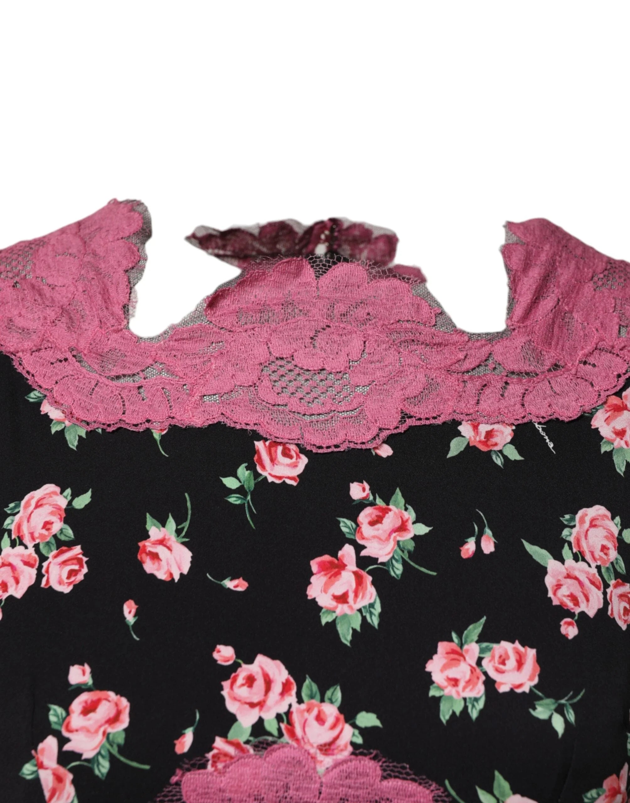 Dolce & Gabbana Black Pink Floral Lace Silk Sheath Dress - IT40|S