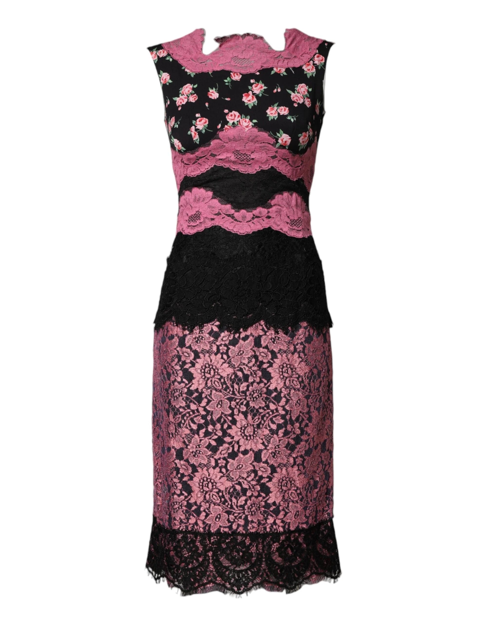 Dolce & Gabbana Black Pink Floral Lace Silk Sheath Dress - IT40|S