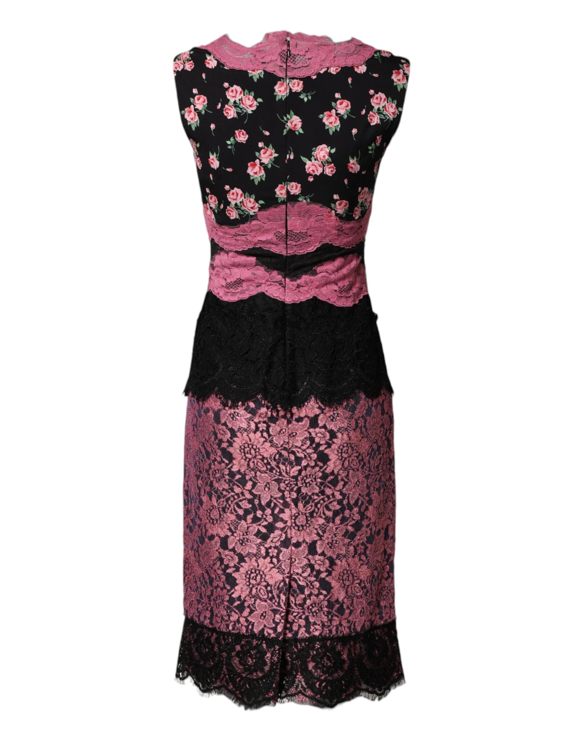 Dolce & Gabbana Black Pink Floral Lace Silk Sheath Dress - IT40|S