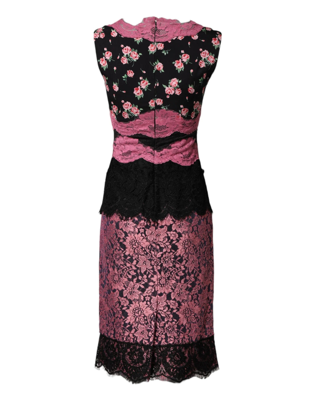 Dolce & Gabbana Black Pink Floral Lace Silk Sheath Dress - IT40|S