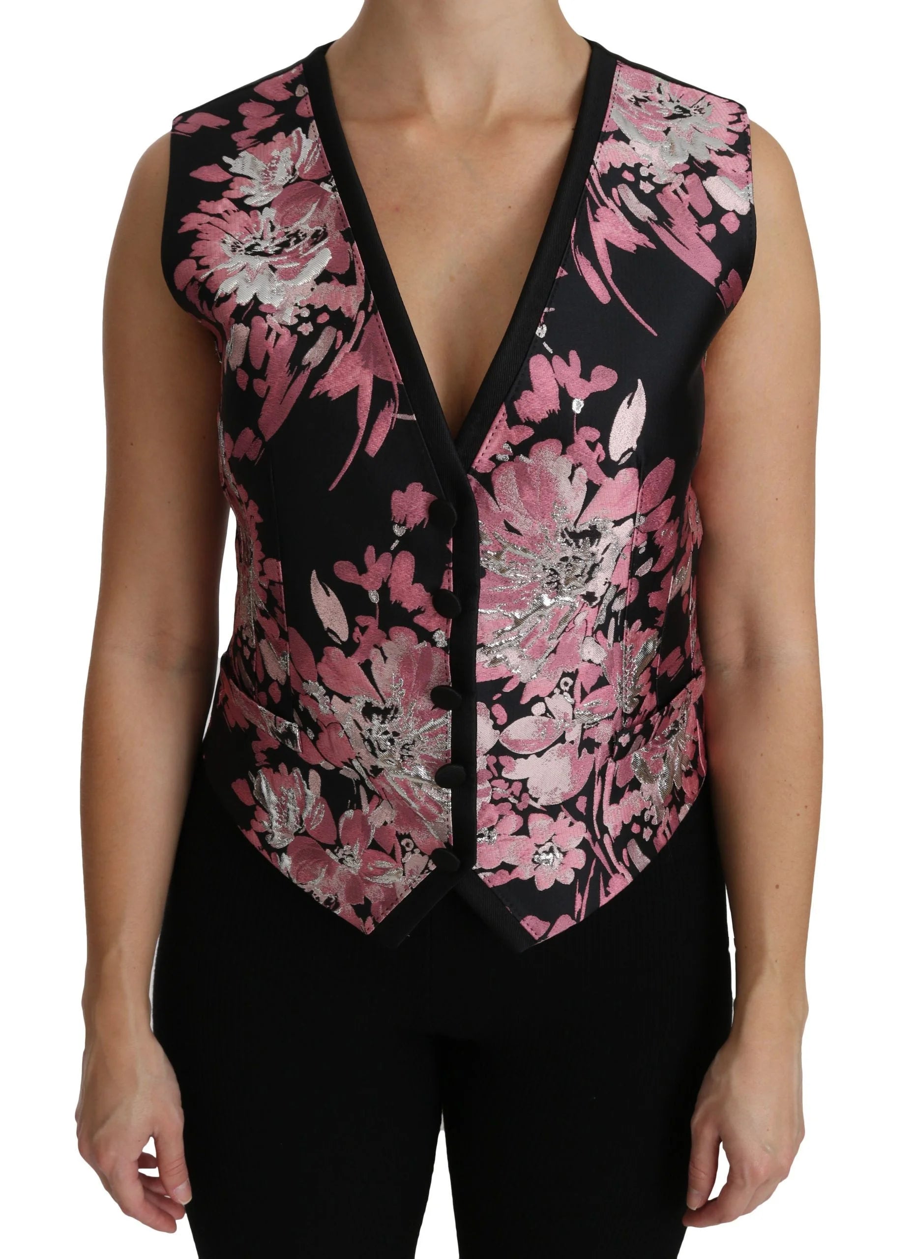 Dolce & Gabbana Black Pink Floral Waistcoat Vest Blouse Top - IT38|XS - Tank Tops