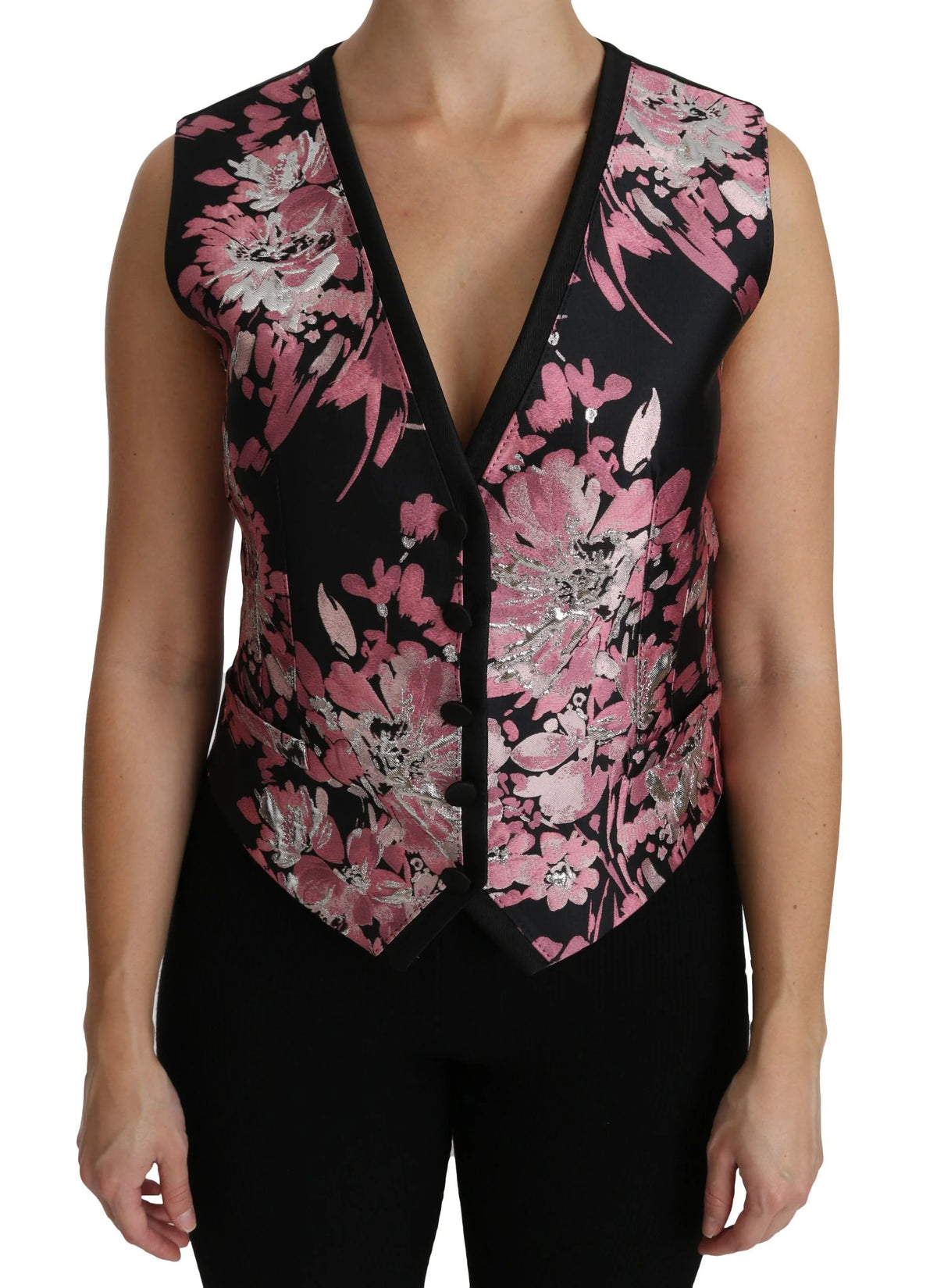 Dolce & Gabbana Black Pink Floral Waistcoat Vest Blouse Top - IT38|XS - Tank Tops