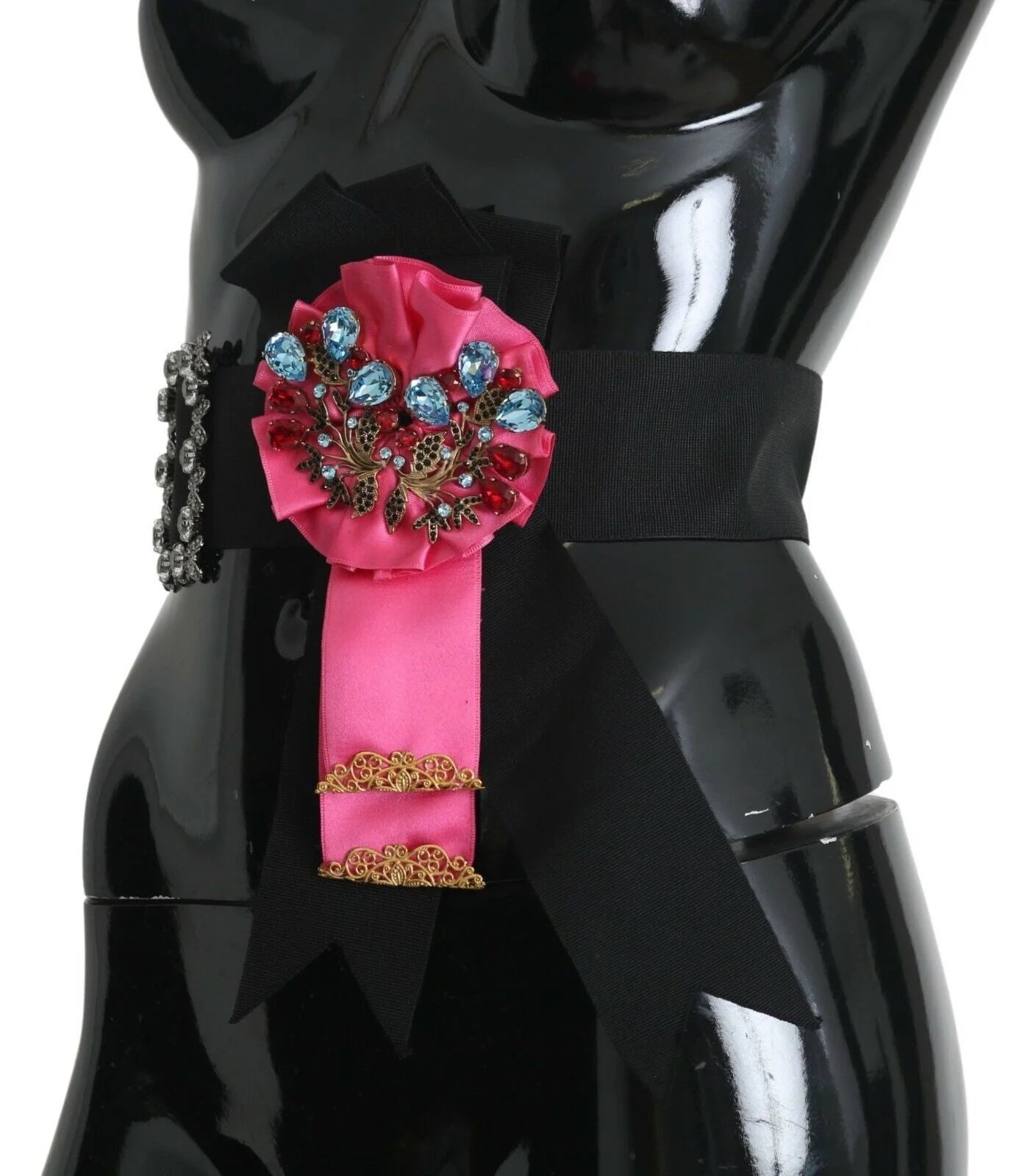 Dolce & Gabbana Black Pink Flower Brooch Crystals Cotton Belt - Belts
