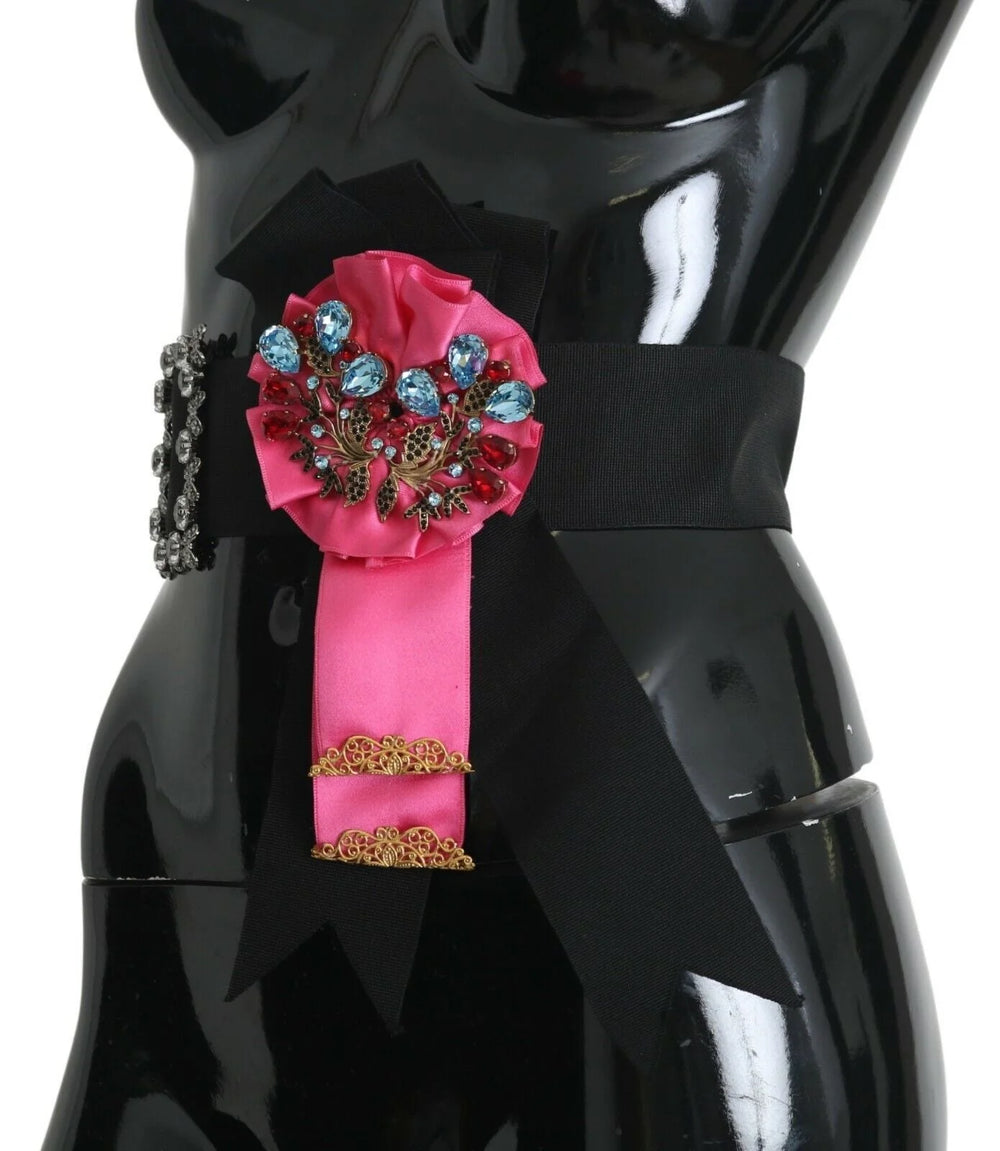 Dolce & Gabbana Black Pink Flower Brooch Crystals Cotton Belt - Belts
