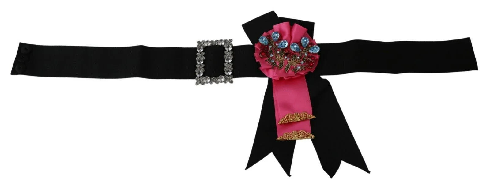 Dolce & Gabbana Black Pink Flower Brooch Crystals Cotton Belt - Belts