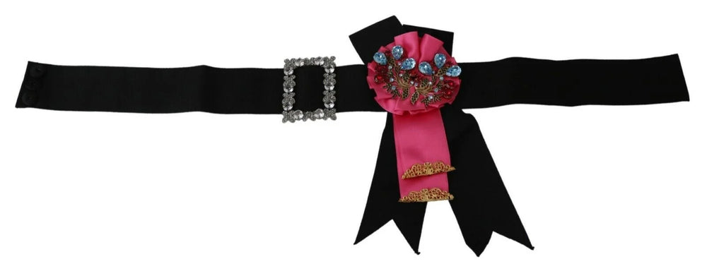 Dolce & Gabbana Black Pink Flower Brooch Crystals Cotton Belt - Belts