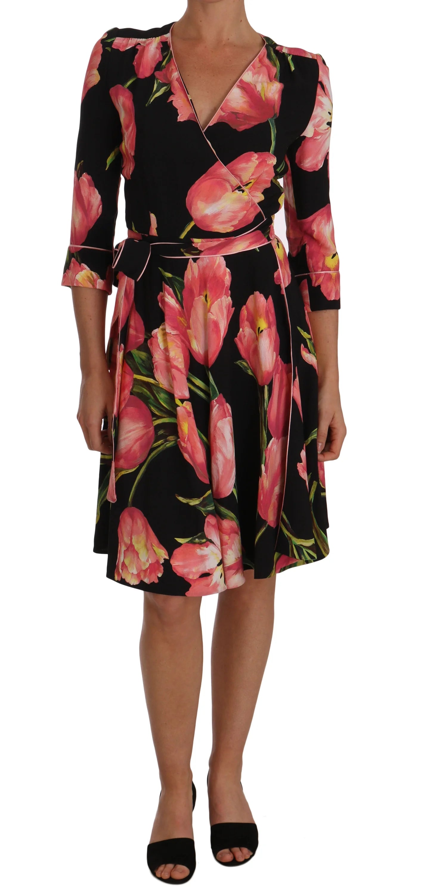 Dolce & Gabbana Black Pink Tulip Print Stretch Shift Dress - IT38|XS - Dresses