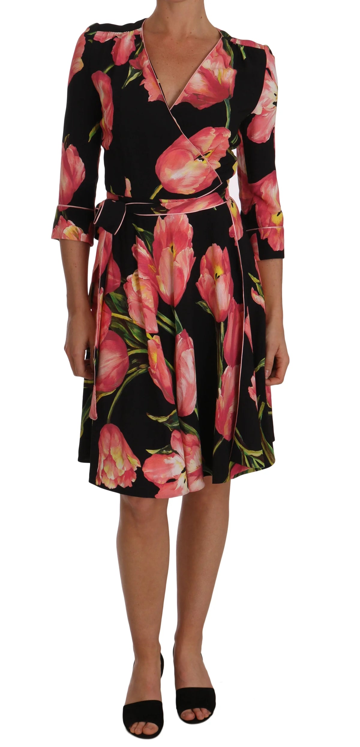 Dolce & Gabbana Black Pink Tulip Print Stretch Shift Dress - IT38|XS - Dresses