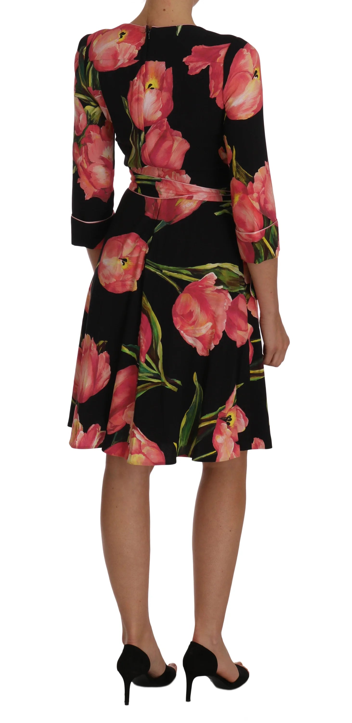 Dolce & Gabbana Black Pink Tulip Print Stretch Shift Dress - IT38|XS - Dresses