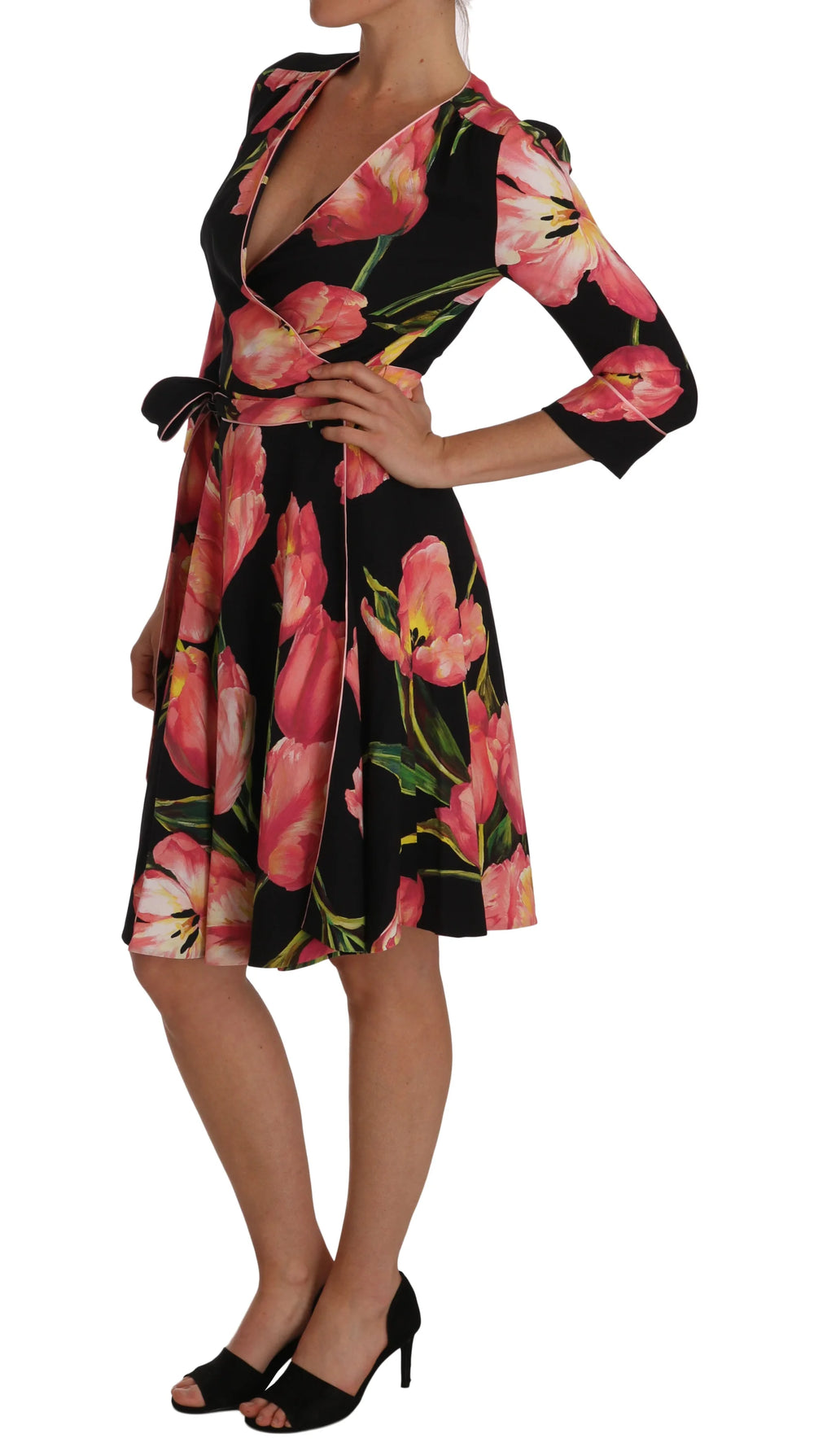 Dolce & Gabbana Black Pink Tulip Print Stretch Shift Dress - IT38|XS - Dresses