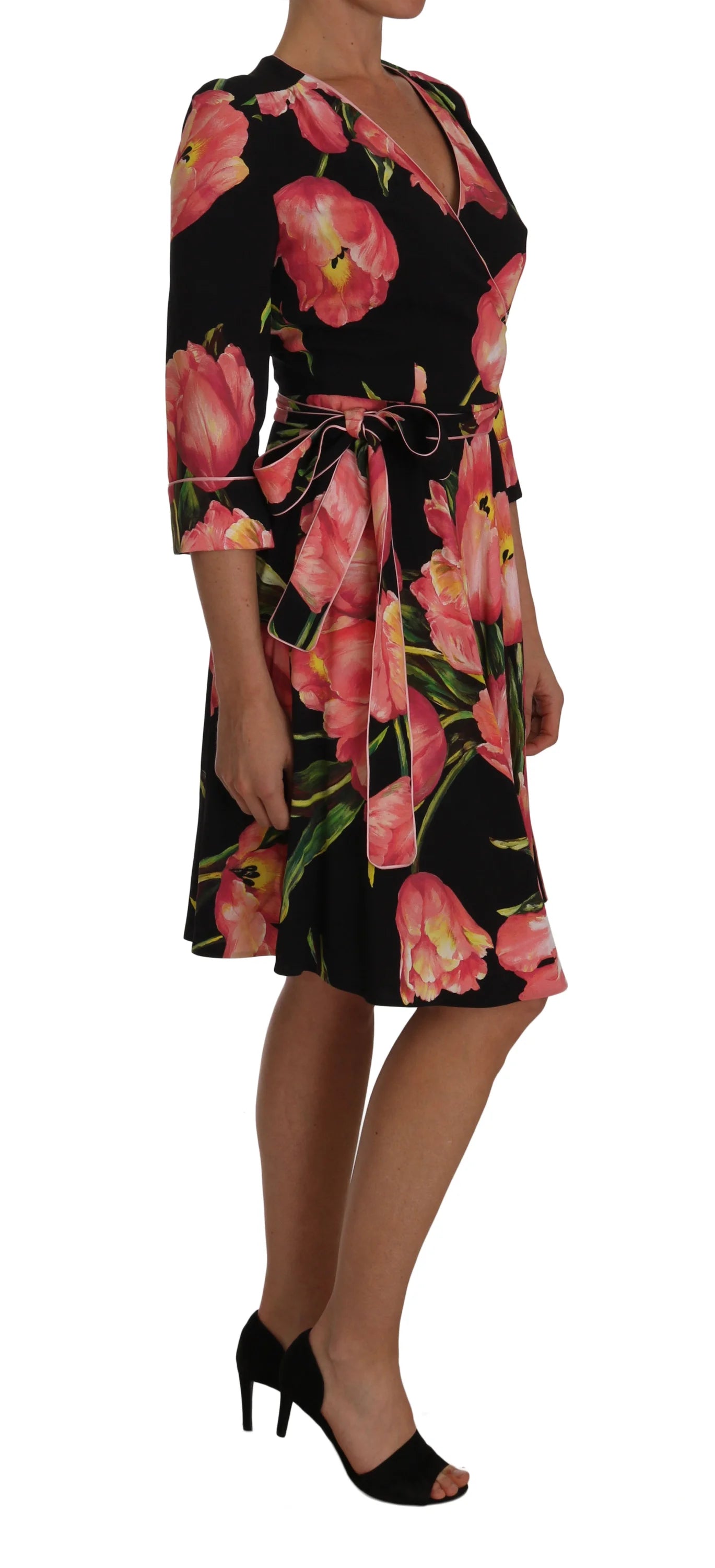 Dolce & Gabbana Black Pink Tulip Print Stretch Shift Dress - IT38|XS - Dresses
