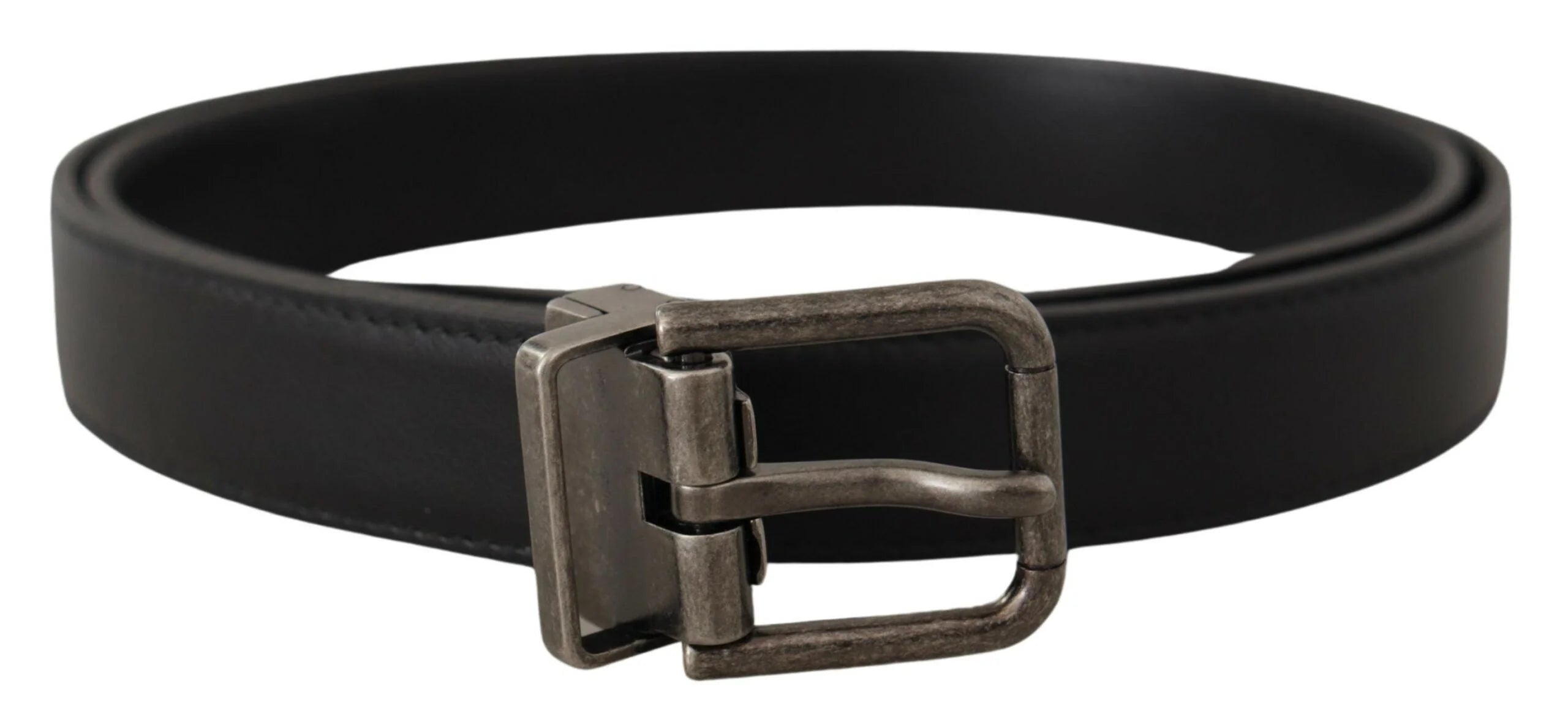 Dolce & Gabbana Black Plain Leather Vintage Logo Metal Buckle Belt - 85 cm / 34 Inches - Belts