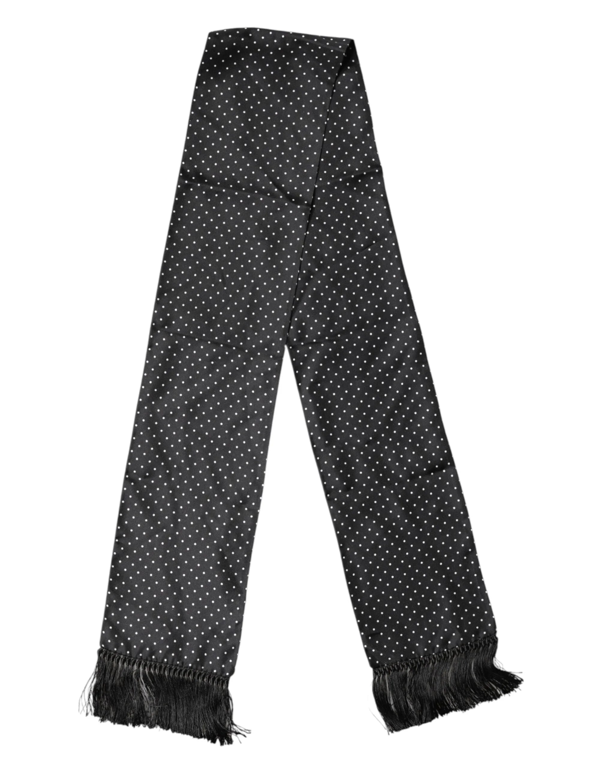 Dolce & Gabbana Black Polka Dot Fringes Silk Foulard 139cm x 14.5cm Scarf