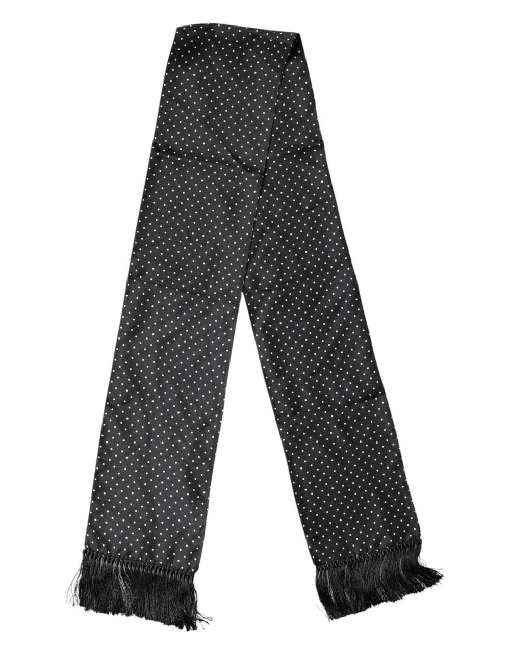 Dolce & Gabbana Black Polka Dot Fringes Silk Foulard 139cm x 14.5cm Scarf