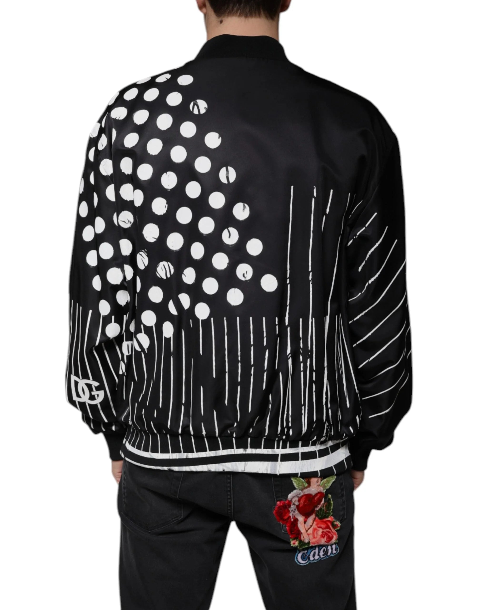 Dolce & Gabbana Black Polka Dot Stripe Nylon Bomber Jacket - IT58 | 3XL - Bomber Jackets