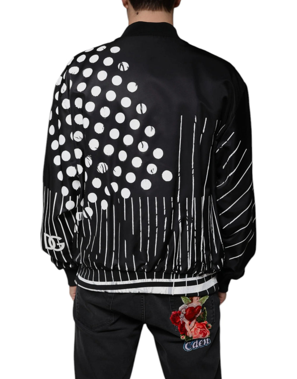 Dolce & Gabbana Black Polka Dot Stripe Nylon Bomber Jacket - IT58 | 3XL - Bomber Jackets
