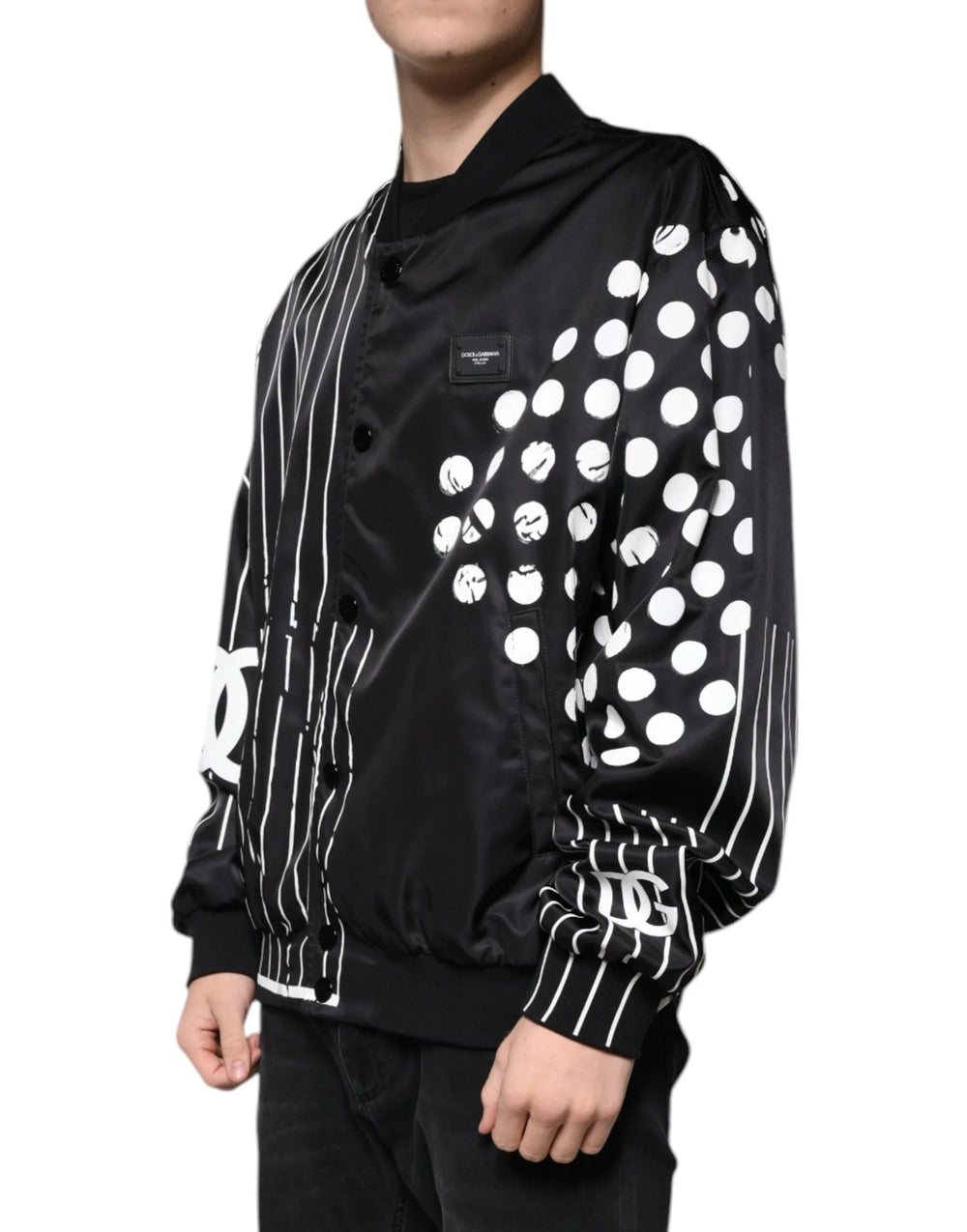 Dolce & Gabbana Black Polka Dot Stripe Nylon Bomber Jacket - IT58 | 3XL - Bomber Jackets