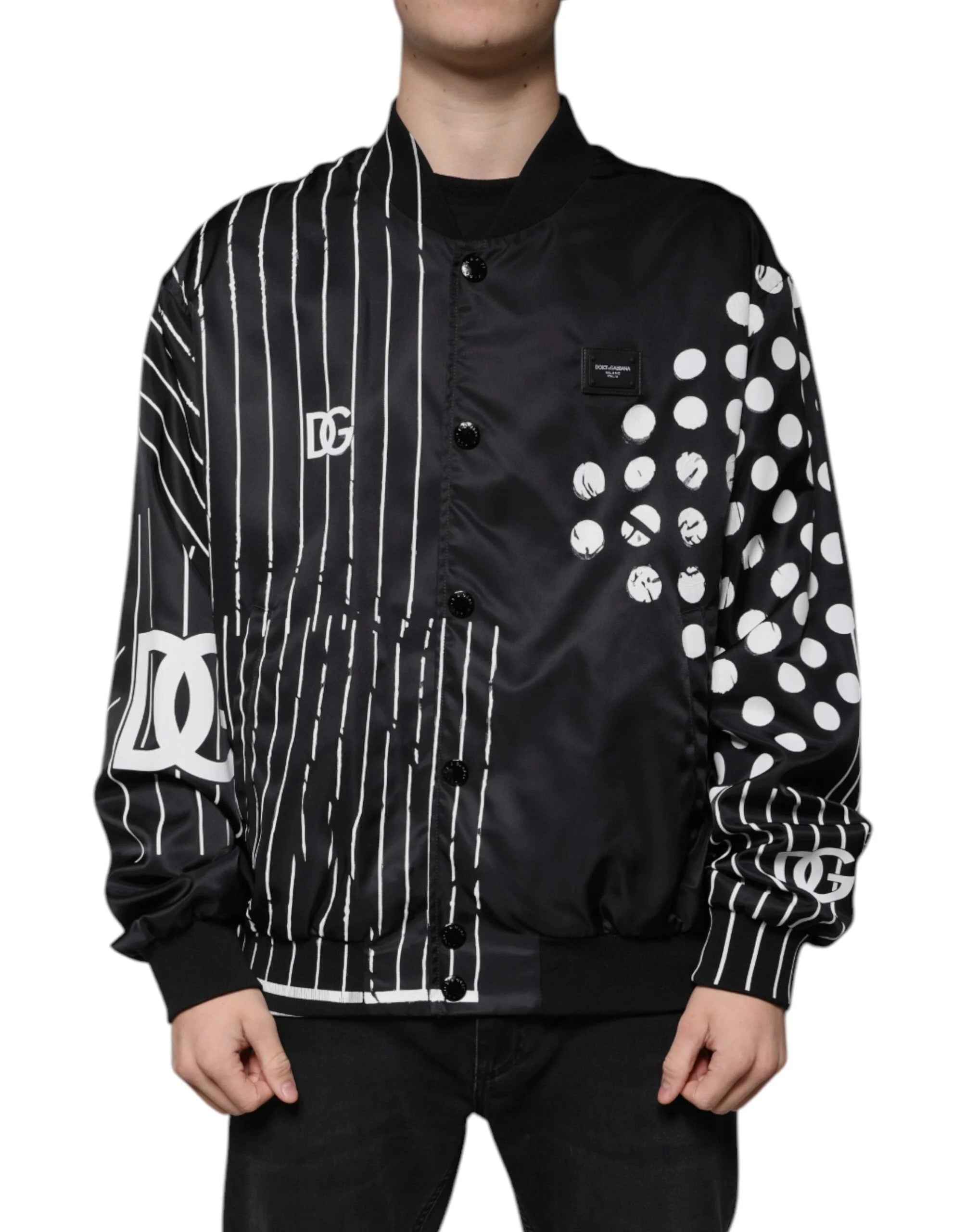 Dolce & Gabbana Black Polka Dot Stripe Nylon Bomber Jacket - IT58 | 3XL - Bomber Jackets