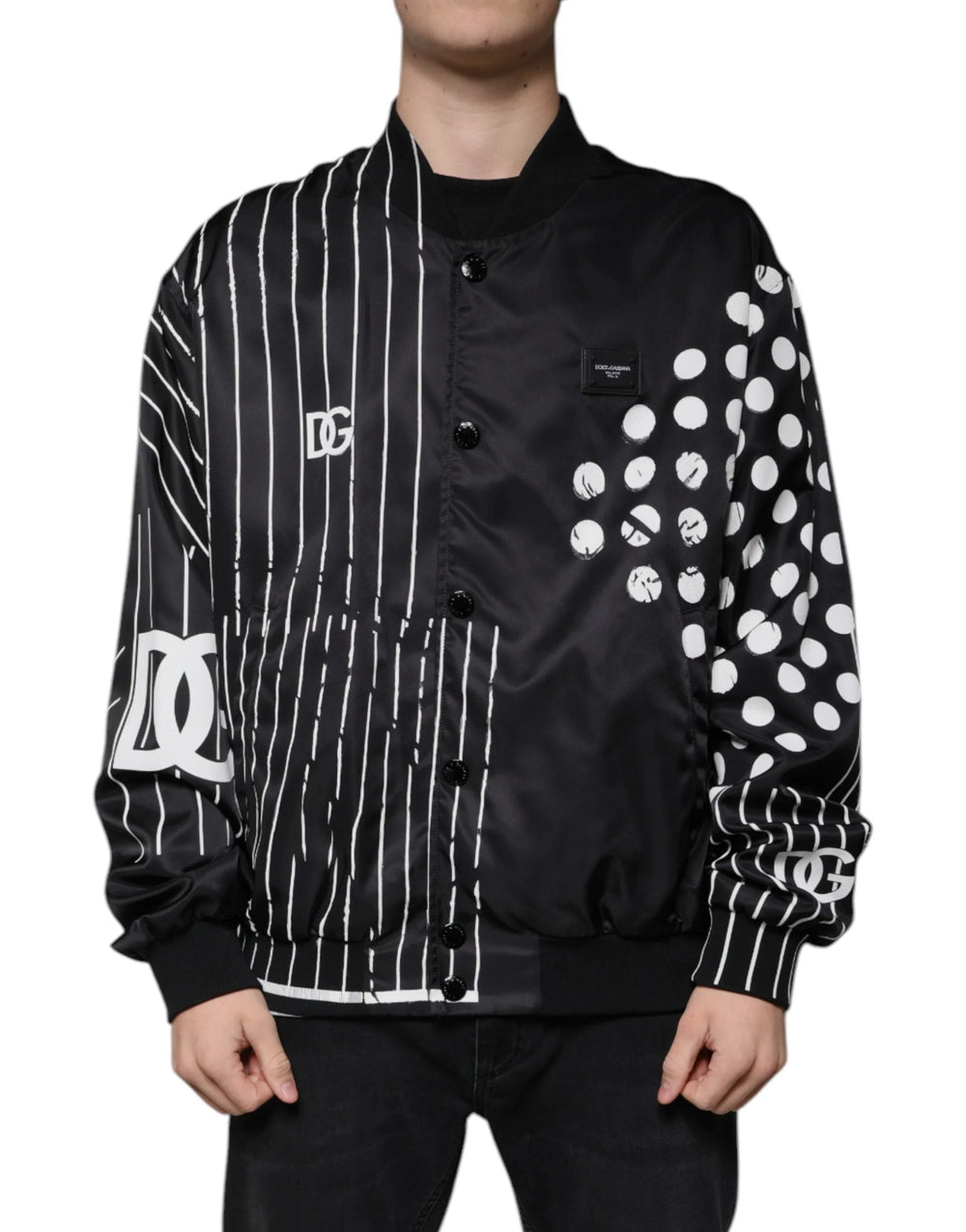 Dolce & Gabbana Black Polka Dot Stripe Nylon Bomber Jacket - IT58 | 3XL - Bomber Jackets