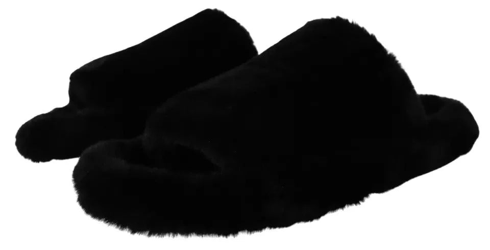 Dolce & Gabbana Black Polyester Faux Fur Mens Flats Sandals Shoes - EU44.5/US11.5 - Sandals
