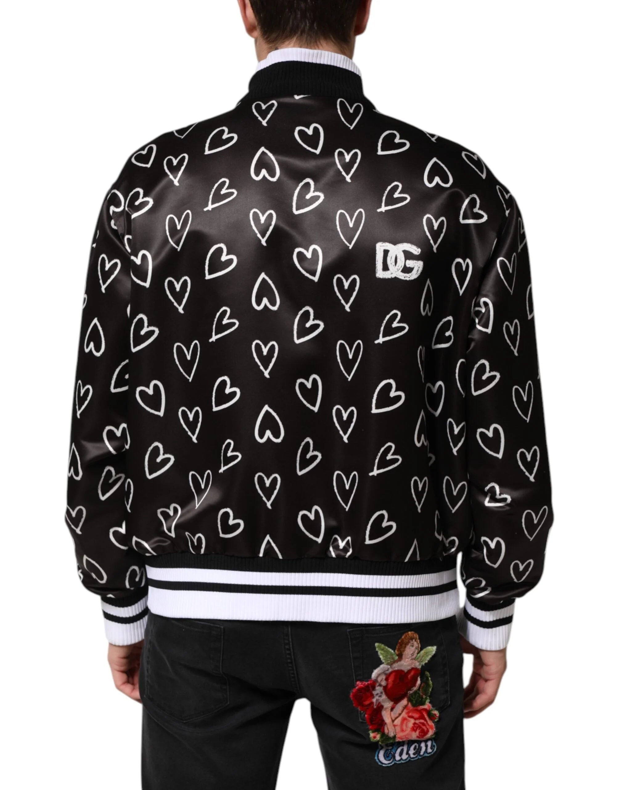 Dolce & Gabbana Black Polyester Heart Print Bomber Jacket - IT52 | XL - Bomber Jackets