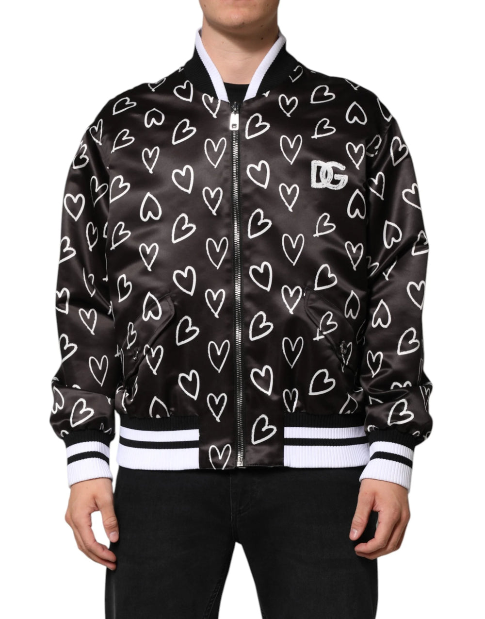 Dolce & Gabbana Black Polyester Heart Print Bomber Jacket - IT52 | XL - Bomber Jackets