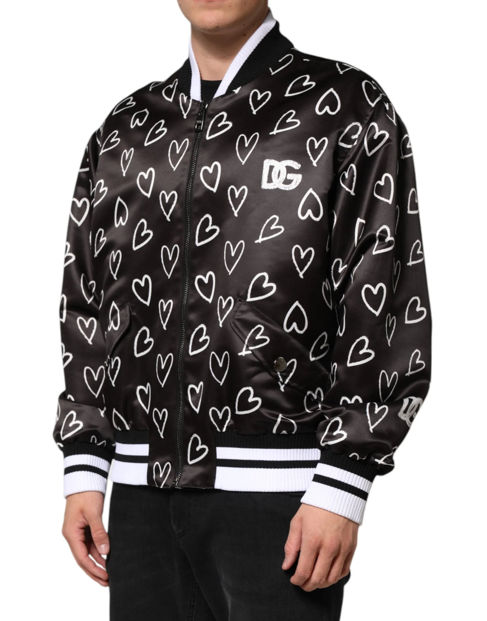 Dolce & Gabbana Black Polyester Heart Print Bomber Jacket - IT52 | XL - Bomber Jackets