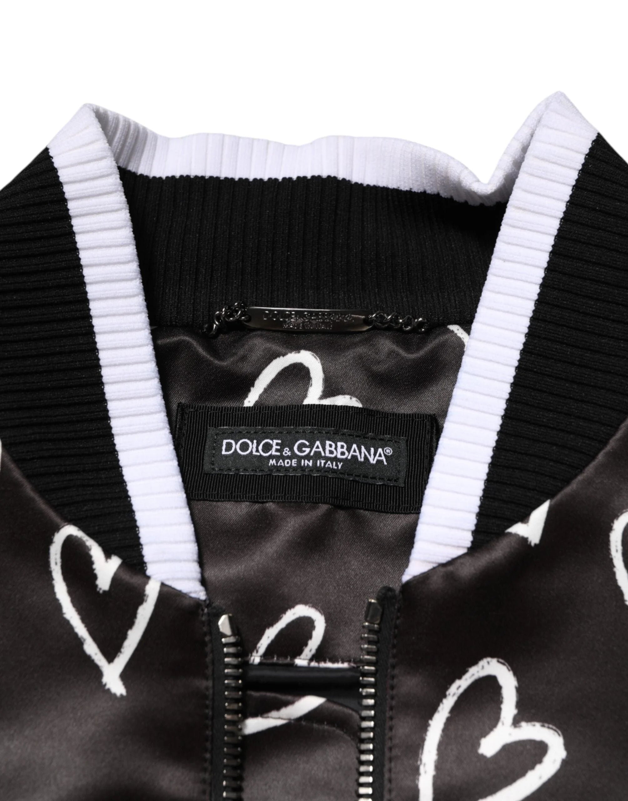 Dolce & Gabbana Black Polyester Heart Print Bomber Jacket - IT52 | XL - Bomber Jackets