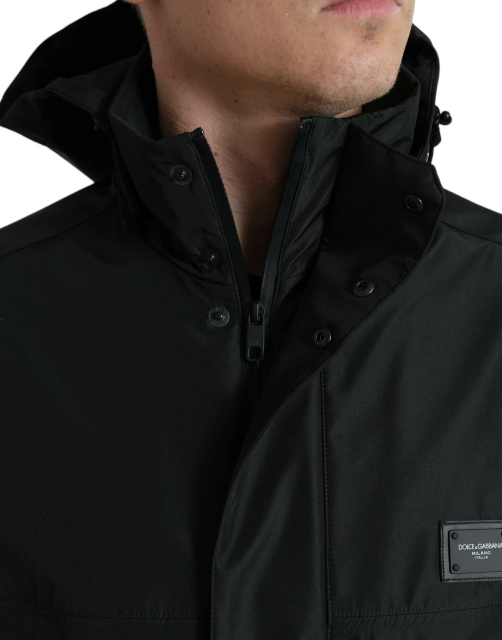 Dolce & Gabbana Black Polyester Logo Plaque Hooded Jacket - IT48 | M - Windbreakers