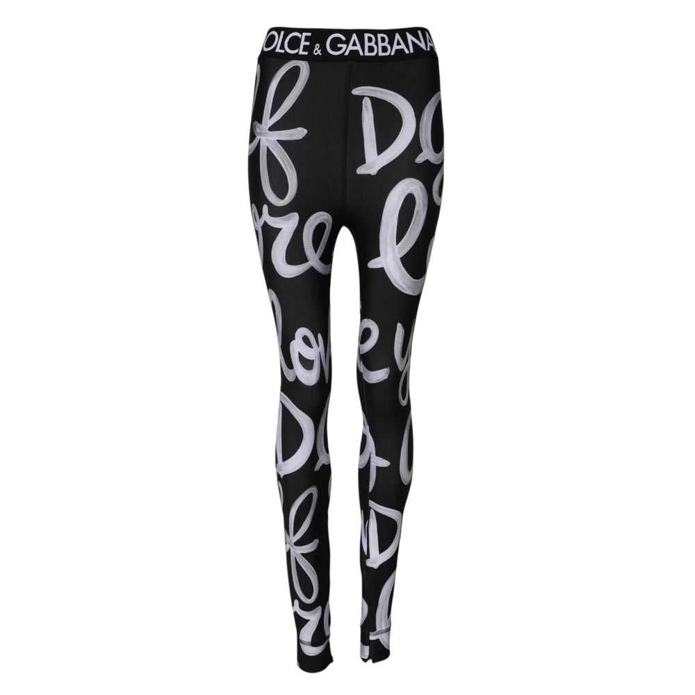Dolce & Gabbana Black Polyester Logo Print Mid Waisted Pants - IT38 | XS - Leggings